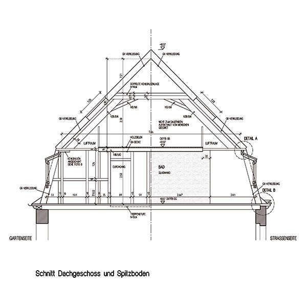 Architekturzeichnung, Schnitt durch einen Dachboden