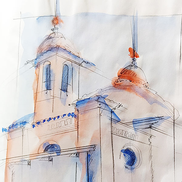 Aquarellzeichnung der Basilika Siena in Blau- und Rottönen