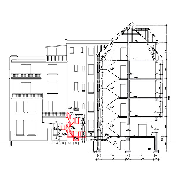 Architekturzeichnung mit Fluchtweg-Treppe