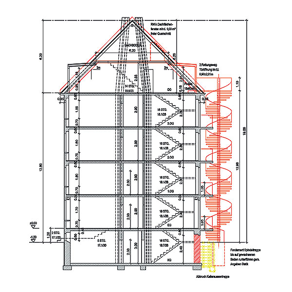 Schnitt durch ein Mehrfamilienhaus mit rot eingezeichneter Fluchttreppe