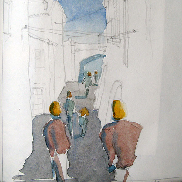 Aquarellskizze mit verschiedenen Figuren in einer Gasse in Siena