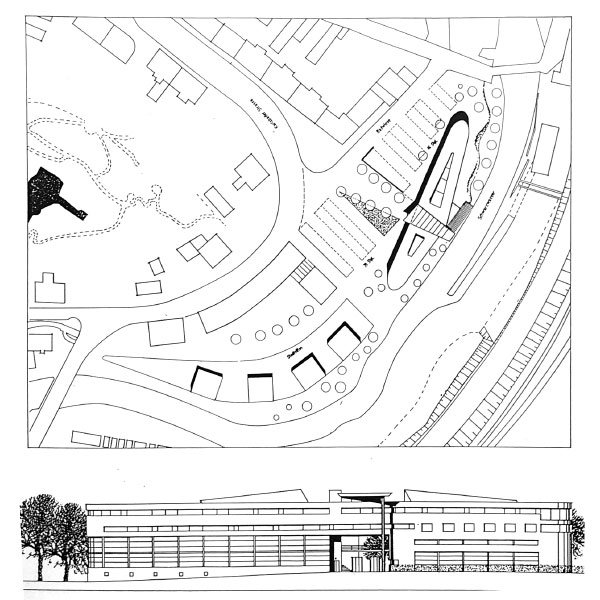 Lageplan und Ansicht für einen Architektenwettbewerb